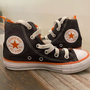 Kids Grey + Orange Converse All Star High Tops